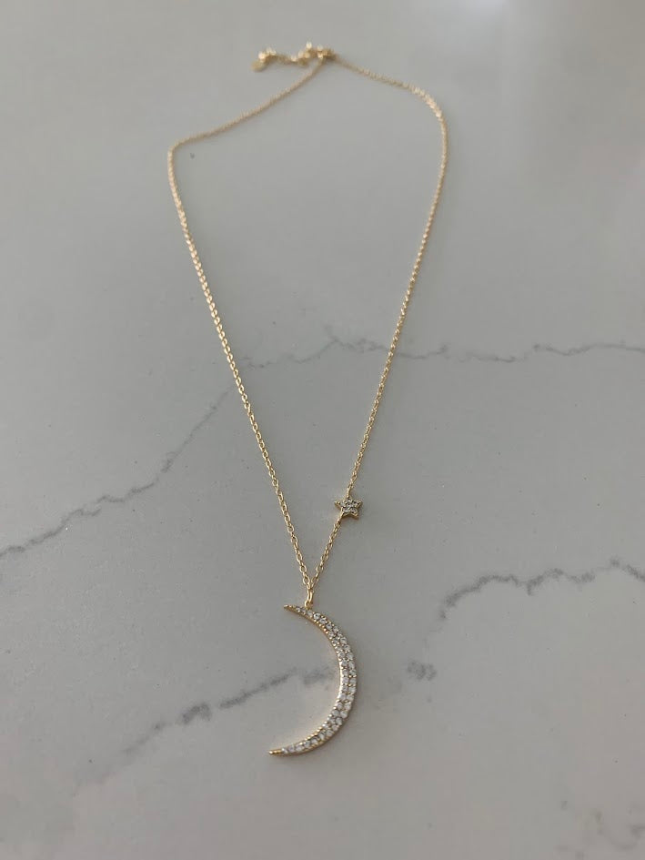 Gold Hanging Moon and Star Necklace, Dainty Star Necklace, Layering Necklace, Star Necklace, Crescent Moon, Moon and Star Necklace, 16+2"