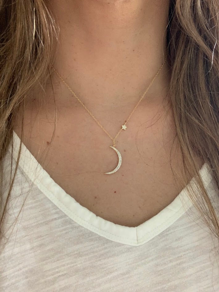 Gold Hanging Moon and Star Necklace, Dainty Star Necklace, Layering Necklace, Star Necklace, Crescent Moon, Moon and Star Necklace, 16+2"