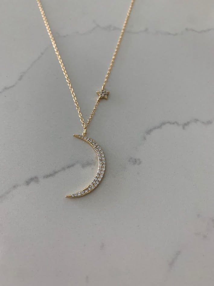 Gold Hanging Moon and Star Necklace, Dainty Star Necklace, Layering Necklace, Star Necklace, Crescent Moon, Moon and Star Necklace, 16+2"