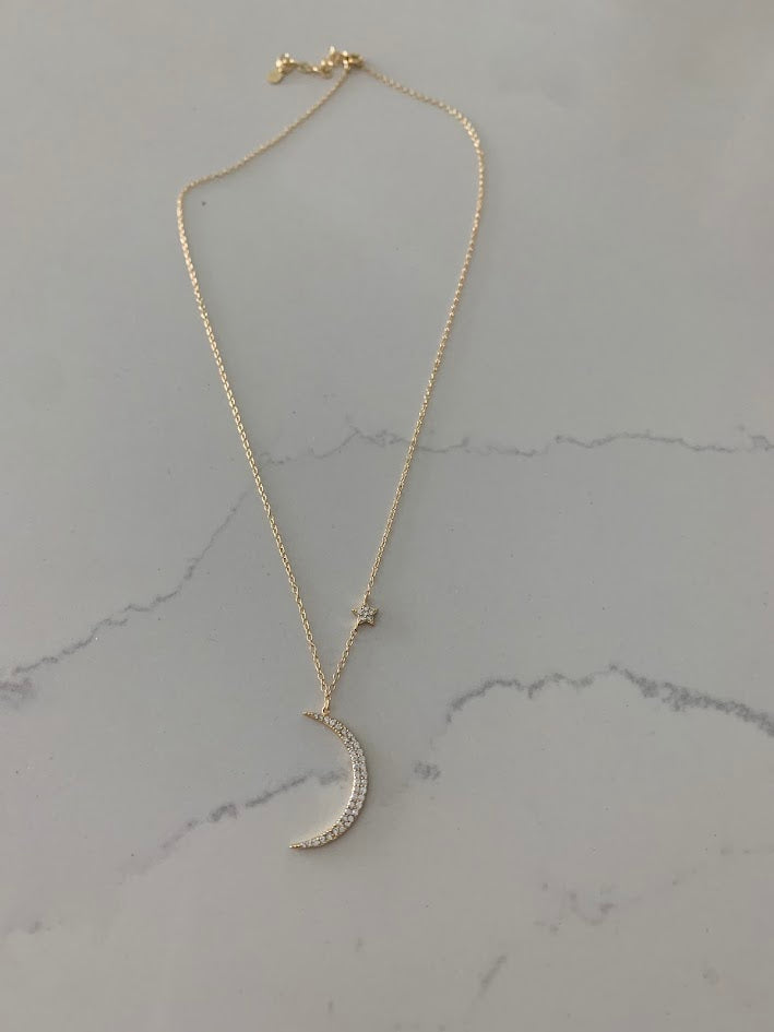 Gold Hanging Moon and Star Necklace, Dainty Star Necklace, Layering Necklace, Star Necklace, Crescent Moon, Moon and Star Necklace, 16+2"