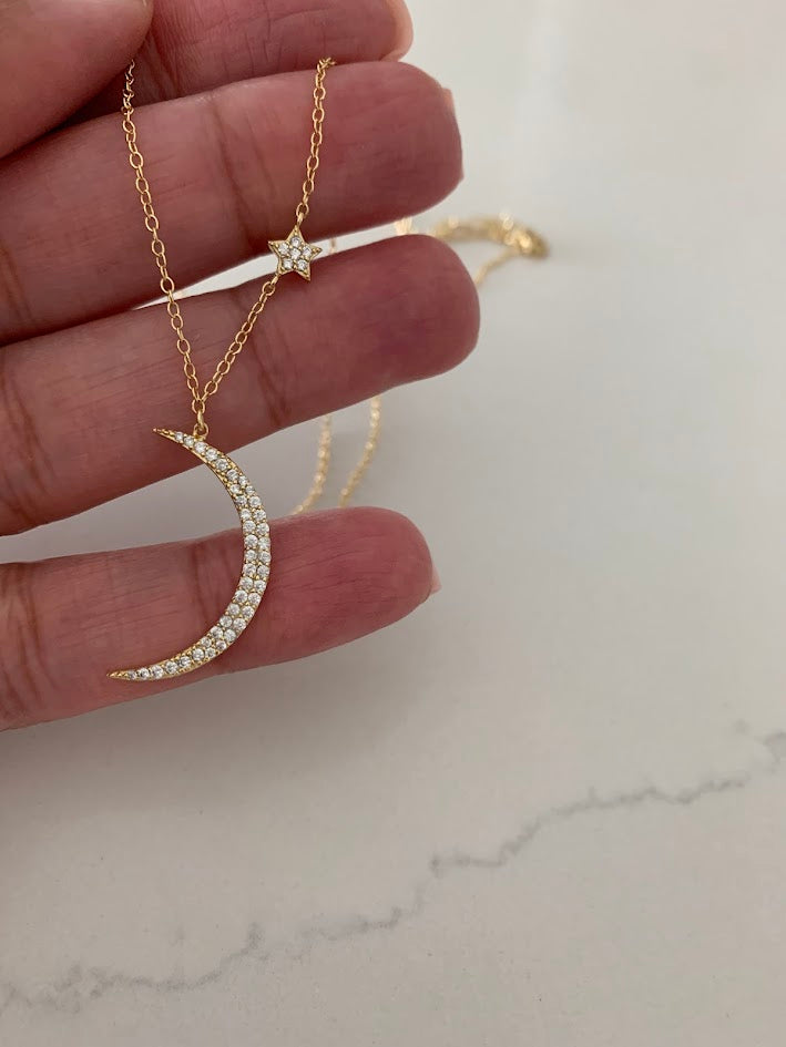 Gold Hanging Moon and Star Necklace, Dainty Star Necklace, Layering Necklace, Star Necklace, Crescent Moon, Moon and Star Necklace, 16+2"