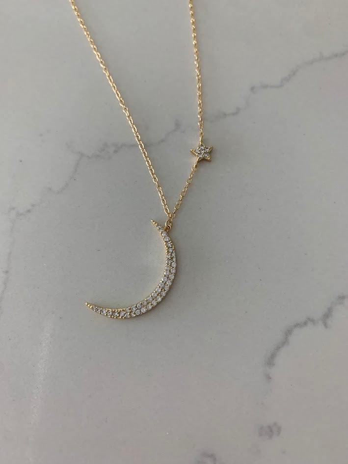 Gold Hanging Moon and Star Necklace, Dainty Star Necklace, Layering Necklace, Star Necklace, Crescent Moon, Moon and Star Necklace, 16+2"