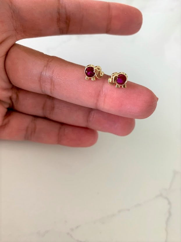 14K Bezel Fuchsia Elephant Earrings, Dainty Earrings, Women Earrings, Kid Earrings, Solid Gold Elephant, Fuchsia Elephants, Gold Earrings