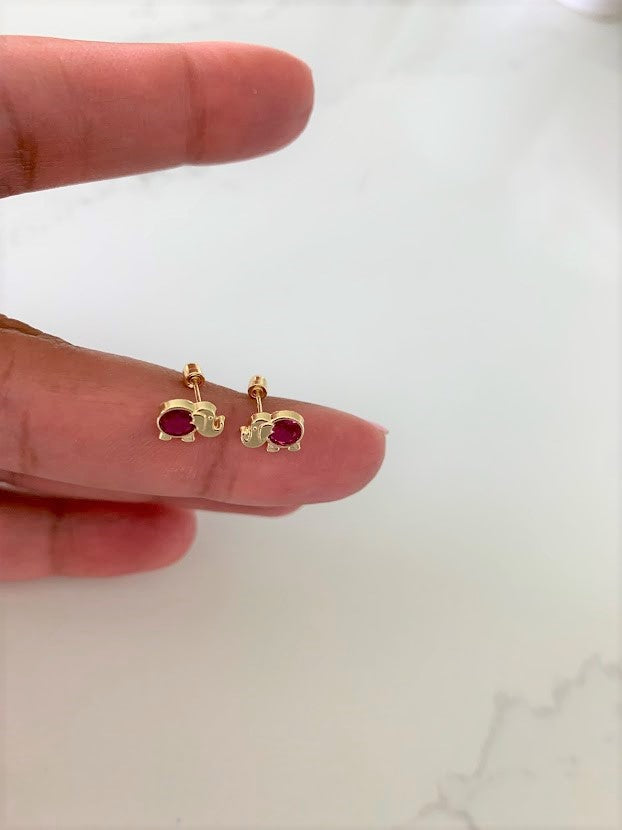 14K Bezel Fuchsia Elephant Earrings, Dainty Earrings, Women Earrings, Kid Earrings, Solid Gold Elephant, Fuchsia Elephants, Gold Earrings