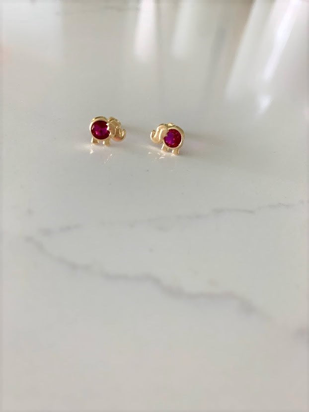 14K Bezel Fuchsia Elephant Earrings, Dainty Earrings, Women Earrings, Kid Earrings, Solid Gold Elephant, Fuchsia Elephants, Gold Earrings