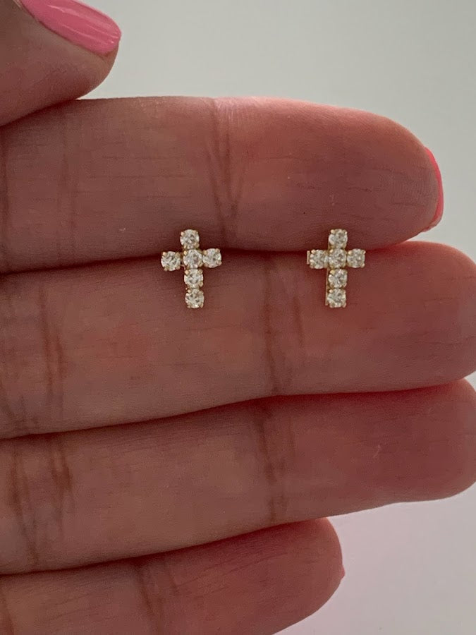 14K Gold Cross Earrings | Dainty Cubic Zirconia Cross Earrings | Gold Cross Studs | Minimalist Earrings | Baptism or Confirmation Gift