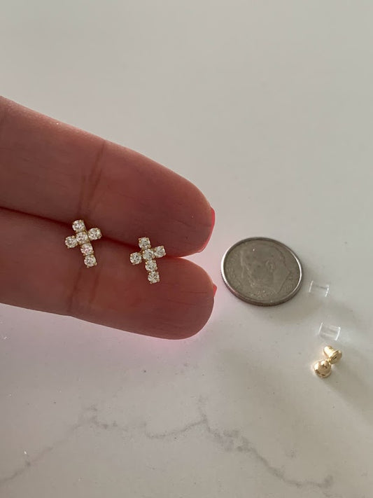 14K Gold Cross Earrings | Dainty Cubic Zirconia Cross Earrings | Gold Cross Studs | Minimalist Earrings | Baptism or Confirmation Gift