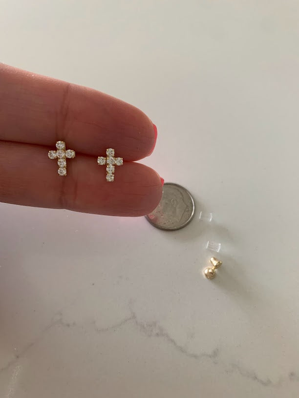 14K Gold Cross Earrings | Dainty Cubic Zirconia Cross Earrings | Gold Cross Studs | Minimalist Earrings | Baptism or Confirmation Gift