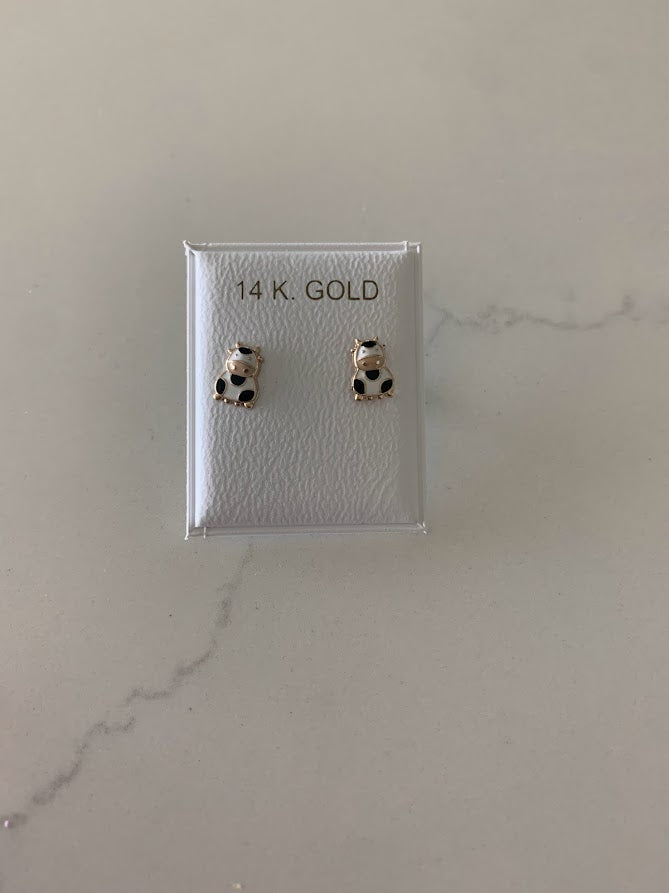 14K Solid Yellow Gold Cow Earrings, Enamel Cow Earrings, Girl Earrings, Children Earring, Girl Studs