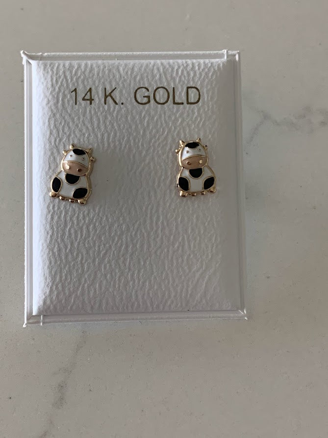 14K Solid Yellow Gold Cow Earrings, Enamel Cow Earrings, Girl Earrings, Children Earring, Girl Studs