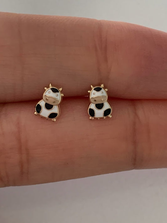 14K Solid Yellow Gold Cow Earrings, Enamel Cow Earrings, Girl Earrings, Children Earring, Girl Studs