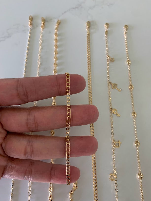 14K Gold 2.6MM Square Curb Link Anklet, Genuine Gold