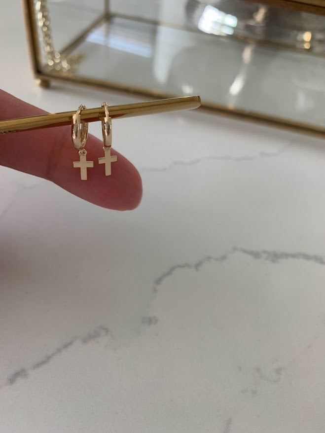 14K Gold Cross Huggie Earrings, 11MM Huggies, Everyday Earrings, Gold Cross Hoop Earrings, 14K Yellow Gold Hoops, Small Huggies