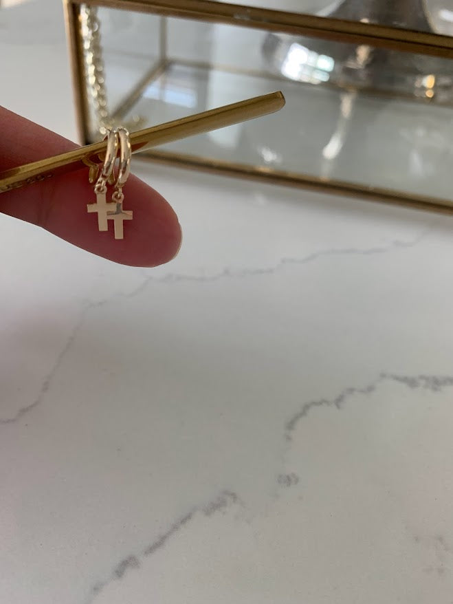 14K Gold Cross Huggie Earrings, 11MM Huggies, Everyday Earrings, Gold Cross Hoop Earrings, 14K Yellow Gold Hoops, Small Huggies
