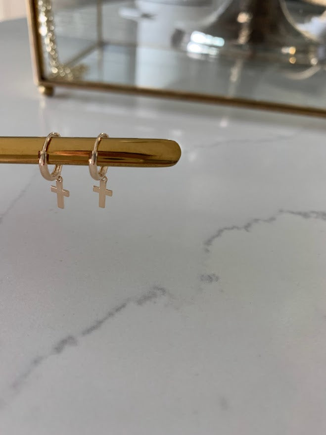 14K Gold Cross Huggie Earrings, 11MM Huggies, Everyday Earrings, Gold Cross Hoop Earrings, 14K Yellow Gold Hoops, Small Huggies