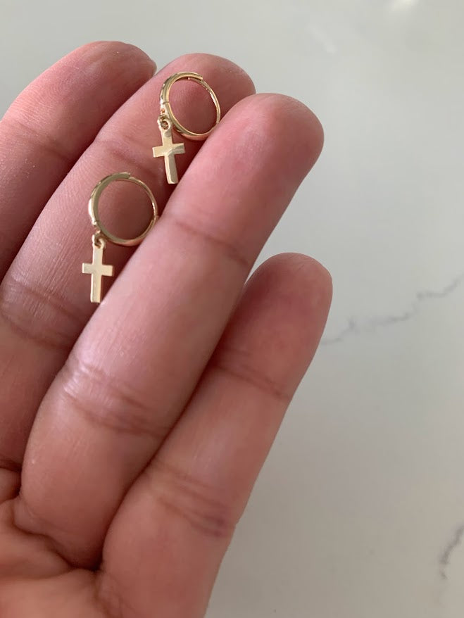 14K Gold Cross Huggie Earrings, 11MM Huggies, Everyday Earrings, Gold Cross Hoop Earrings, 14K Yellow Gold Hoops, Small Huggies