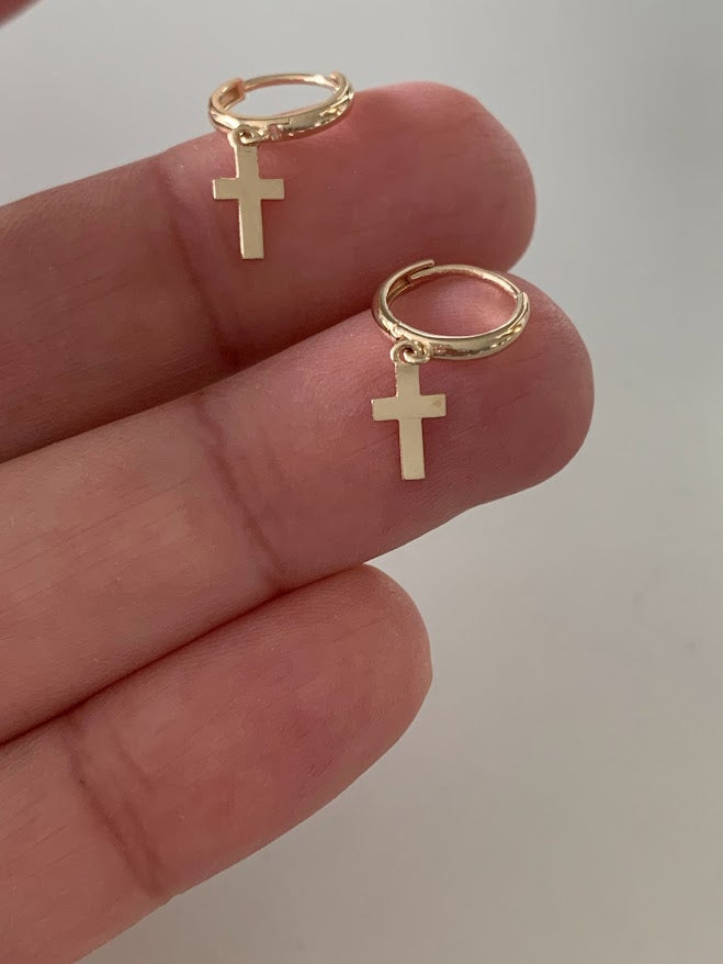 14K Gold Cross Huggie Earrings, 11MM Huggies, Everyday Earrings, Gold Cross Hoop Earrings, 14K Yellow Gold Hoops, Small Huggies