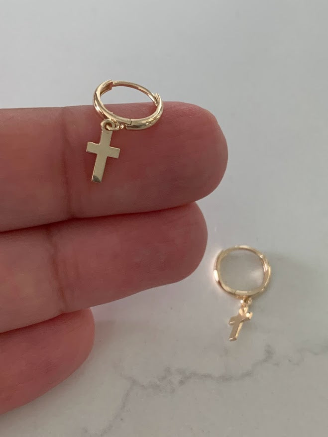 14K Gold Cross Huggie Earrings, 11MM Huggies, Everyday Earrings, Gold Cross Hoop Earrings, 14K Yellow Gold Hoops, Small Huggies