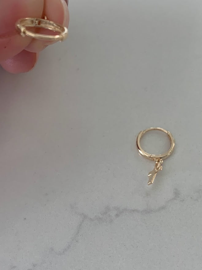 14K Gold Cross Huggie Earrings, 11MM Huggies, Everyday Earrings, Gold Cross Hoop Earrings, 14K Yellow Gold Hoops, Small Huggies