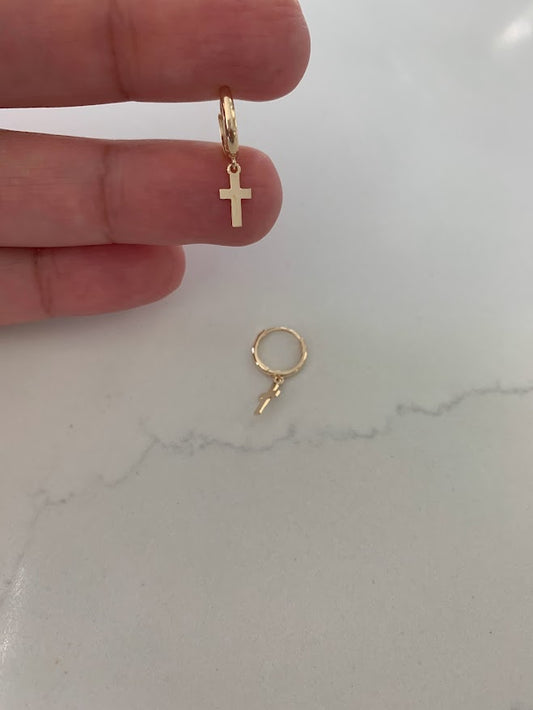 14K Gold Cross Huggie Earrings, 11MM Huggies, Everyday Earrings, Gold Cross Hoop Earrings, 14K Yellow Gold Hoops, Small Huggies
