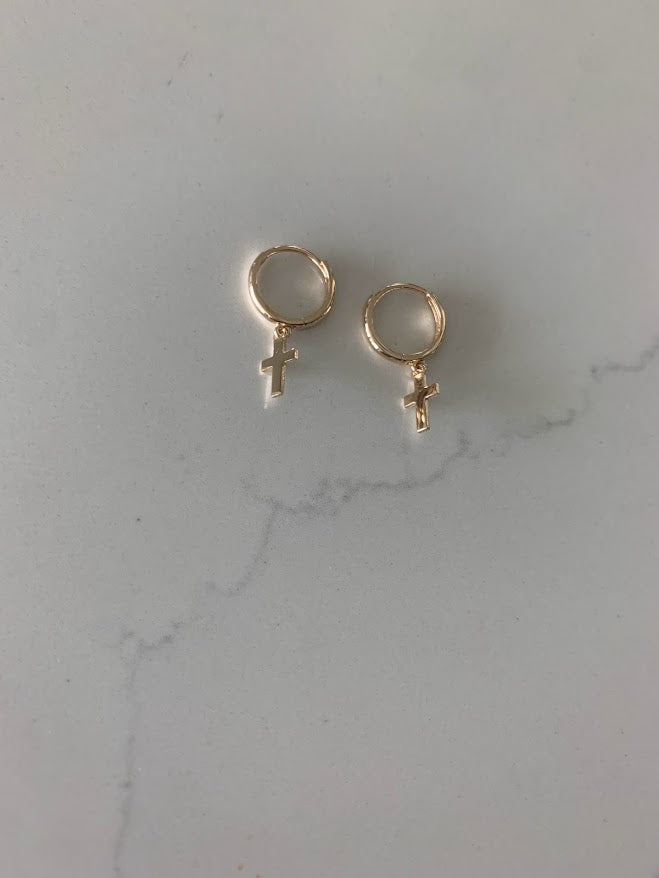 14K Gold Cross Huggie Earrings, 11MM Huggies, Everyday Earrings, Gold Cross Hoop Earrings, 14K Yellow Gold Hoops, Small Huggies