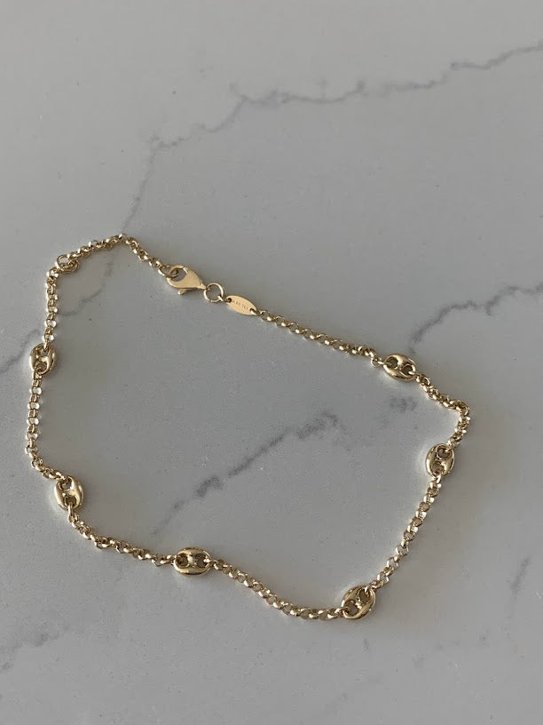 14K Gold Puffed Mariner Anklet Bracelet on a Rolo Chain, Real 14K Gold Anklet, Gold Ankle Bracelet, Women Ankle Jewelry, Puffed Mariner Anklet