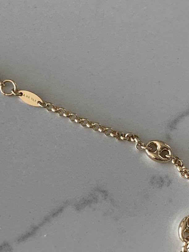 14K Gold Puffed Mariner Anklet Bracelet on a Rolo Chain, Real 14K Gold Anklet, Gold Ankle Bracelet, Women Ankle Jewelry, Puffed Mariner Anklet
