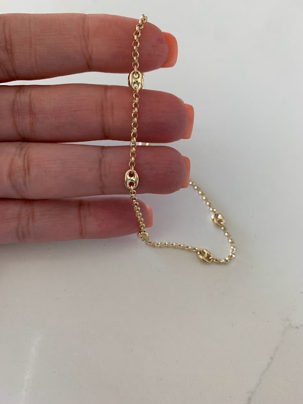 14K Gold Puffed Mariner Anklet Bracelet on a Rolo Chain, Real 14K Gold Anklet, Gold Ankle Bracelet, Women Ankle Jewelry, Puffed Mariner Anklet