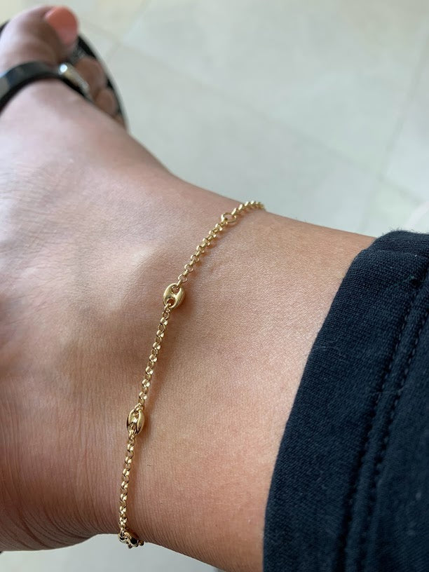 14K Gold Puffed Mariner Anklet Bracelet on a Rolo Chain, Real 14K Gold Anklet, Gold Ankle Bracelet, Women Ankle Jewelry, Puffed Mariner Anklet