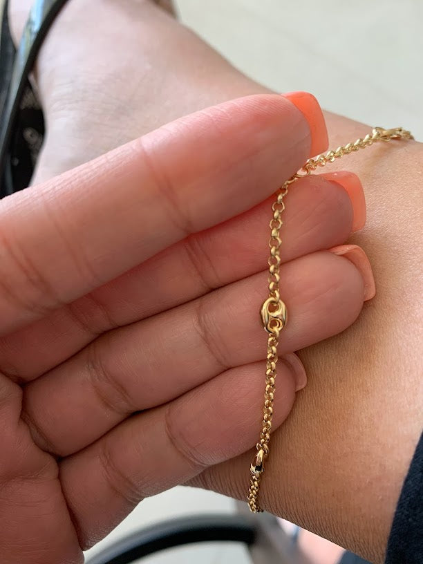 14K Gold Puffed Mariner Anklet Bracelet on a Rolo Chain, Real 14K Gold Anklet, Gold Ankle Bracelet, Women Ankle Jewelry, Puffed Mariner Anklet