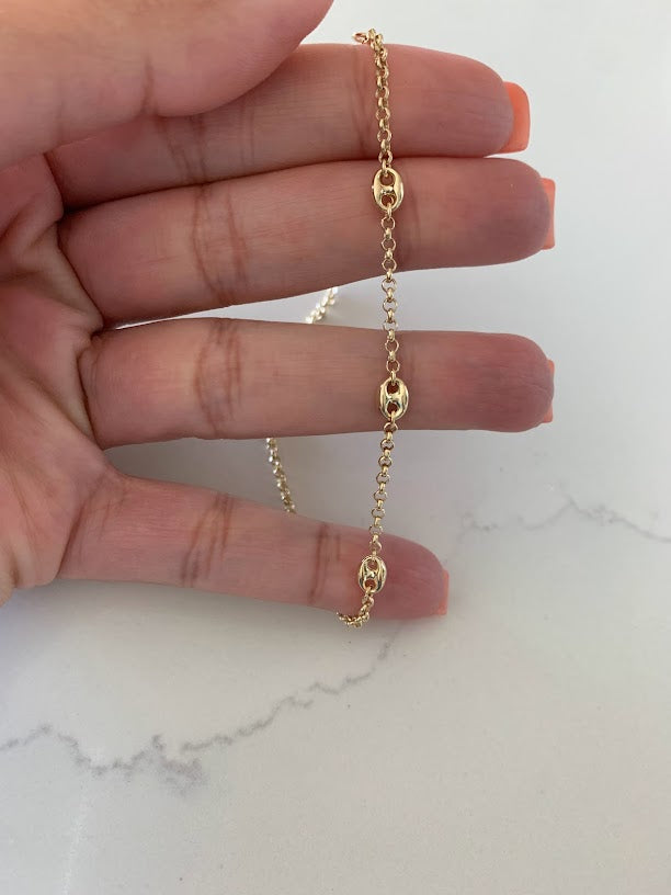 14K Gold Puffed Mariner Anklet Bracelet on a Rolo Chain, Real 14K Gold Anklet, Gold Ankle Bracelet, Women Ankle Jewelry, Puffed Mariner Anklet