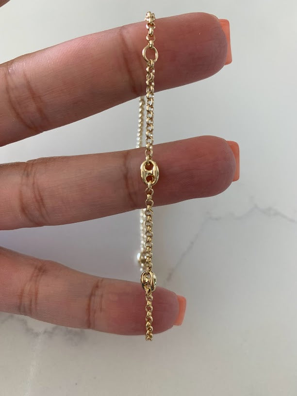 14K Gold Puffed Mariner Anklet Bracelet on a Rolo Chain, Real 14K Gold Anklet, Gold Ankle Bracelet, Women Ankle Jewelry, Puffed Mariner Anklet