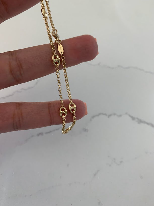 14K Gold Puffed Mariner Anklet Bracelet on a Rolo Chain, Real 14K Gold Anklet, Gold Ankle Bracelet, Women Ankle Jewelry, Puffed Mariner Anklet