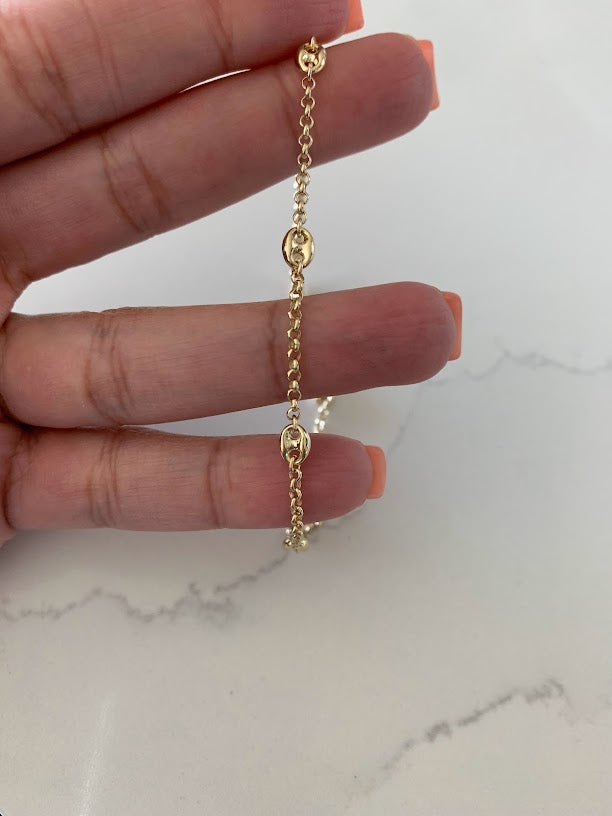 14K Gold Puffed Mariner Anklet Bracelet on a Rolo Chain, Real 14K Gold Anklet, Gold Ankle Bracelet, Women Ankle Jewelry, Puffed Mariner Anklet