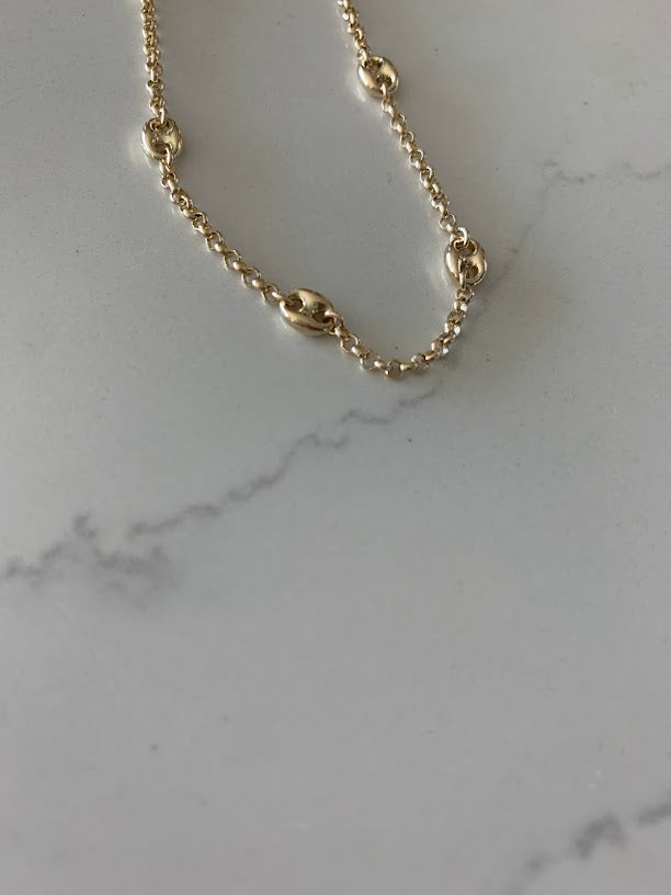 14K Gold Puffed Mariner Anklet Bracelet on a Rolo Chain, Real 14K Gold Anklet, Gold Ankle Bracelet, Women Ankle Jewelry, Puffed Mariner Anklet