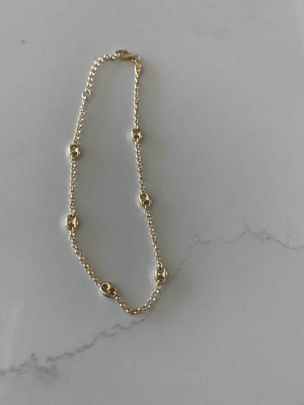 14K Gold Puffed Mariner Anklet Bracelet on a Rolo Chain, Real 14K Gold Anklet, Gold Ankle Bracelet, Women Ankle Jewelry, Puffed Mariner Anklet