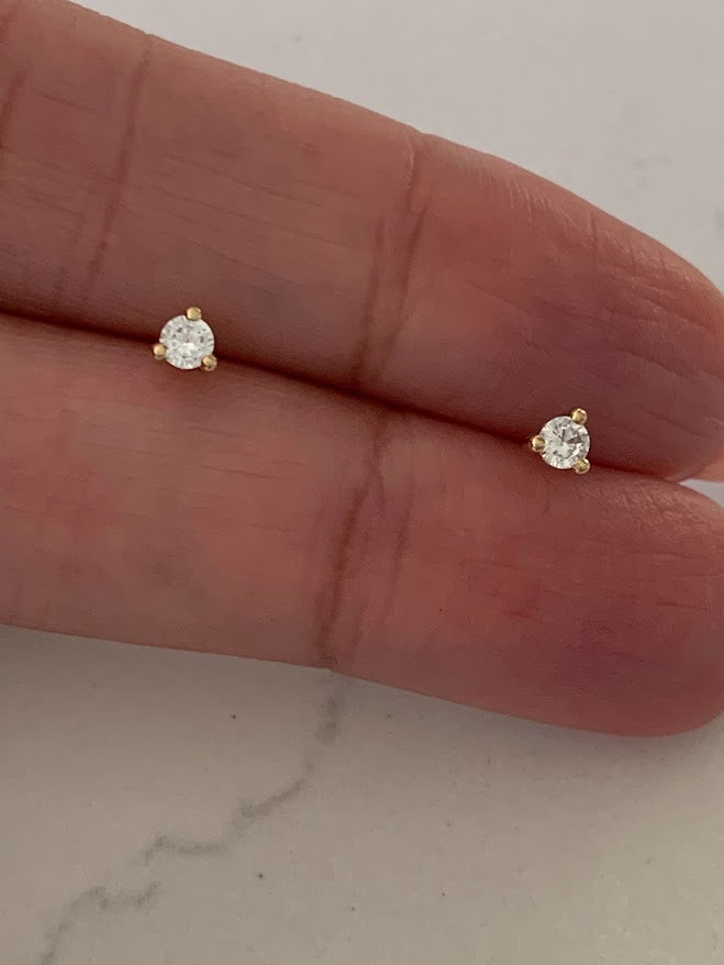 4MM 14K Gold Pair Earrings,  14k Solid Gold, Cubic Zirconia, Low Profile, Small Three Prong, Minimalist Stud Earrings