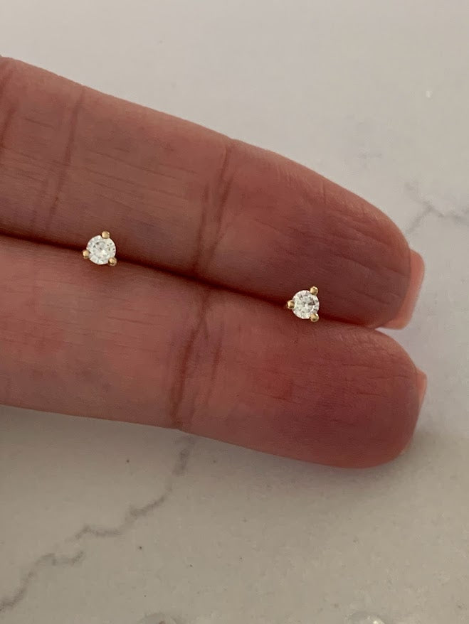4MM 14K Gold Pair Earrings,  14k Solid Gold, Cubic Zirconia, Low Profile, Small Three Prong, Minimalist Stud Earrings