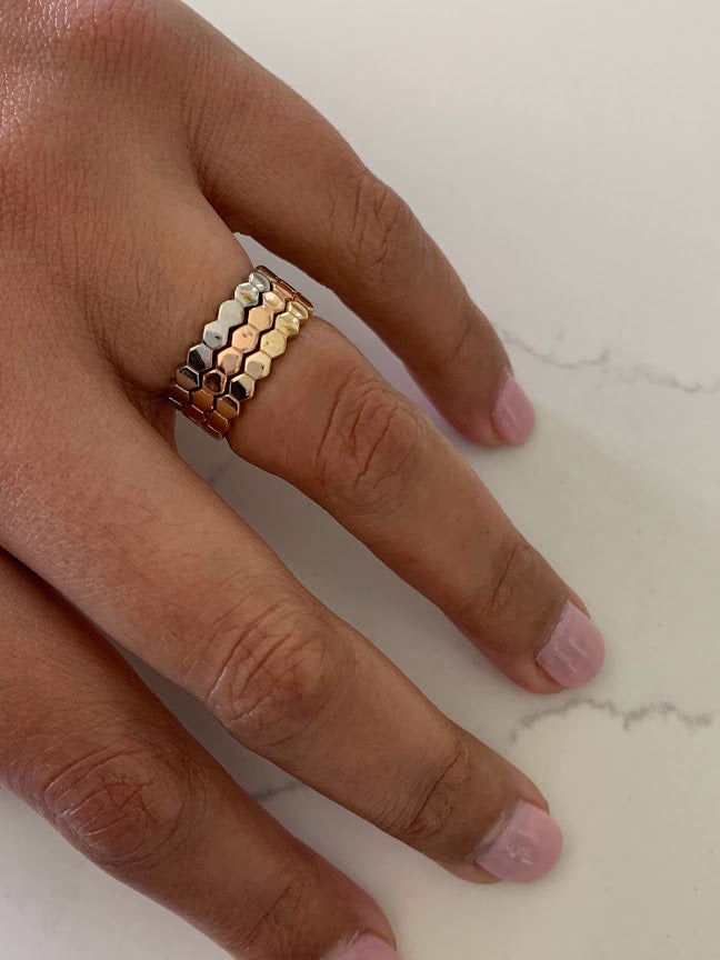 Ring Trio Tricolor Rings | Flat Beaded 14K Gold Ring | Trendy Ring | Ring | Solid Gold | Love Ring | Modern Ring | Chic Ring | Link Band | Discs Ring | Dotted Ring