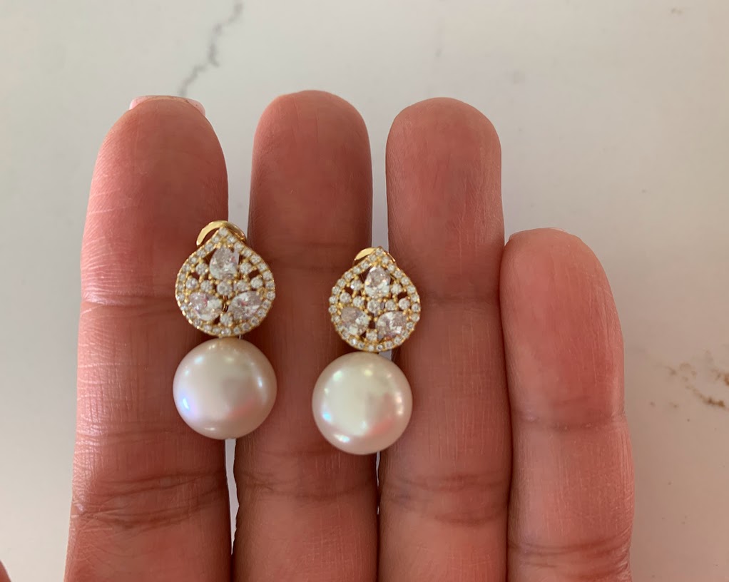 Round Large Pearls on Oval Baguette and CZ | Baguette Earrings | Gold & Silver Bridal Earrings | Bridesmaid Wedding Gifts for Her