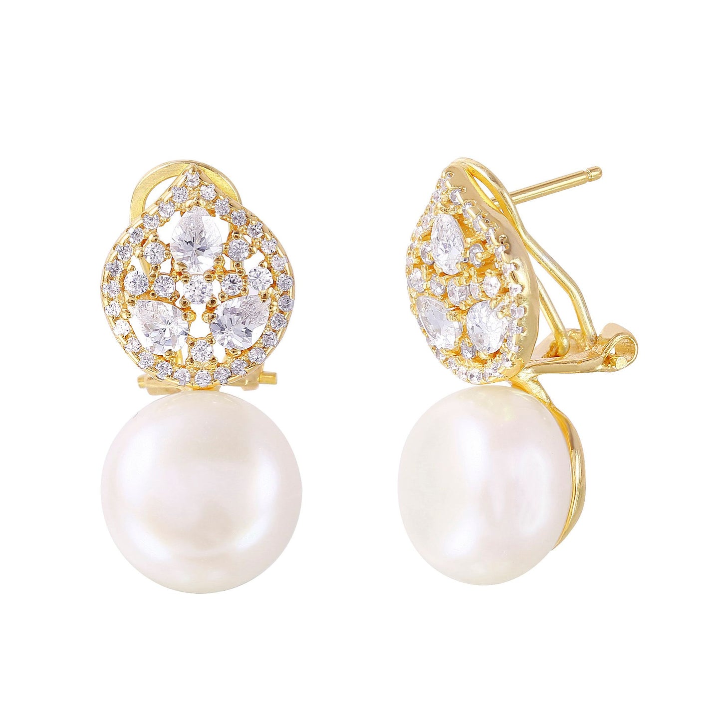 Round Large Pearls on Oval Baguette and CZ | Baguette Earrings | Gold & Silver Bridal Earrings | Bridesmaid Wedding Gifts for Her