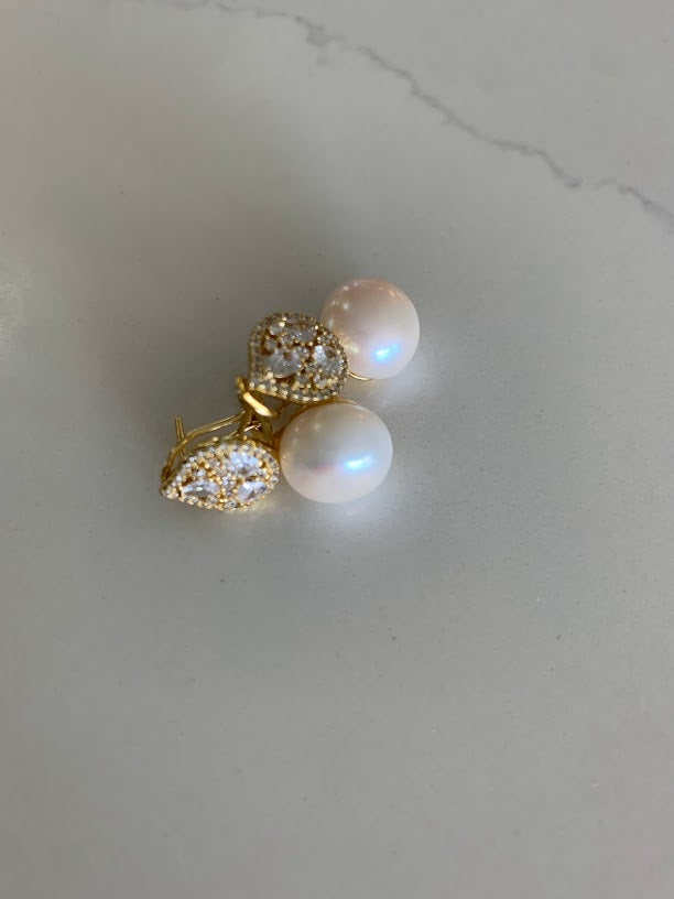 Round Large Pearls on Oval Baguette and CZ | Baguette Earrings | Gold & Silver Bridal Earrings | Bridesmaid Wedding Gifts for Her