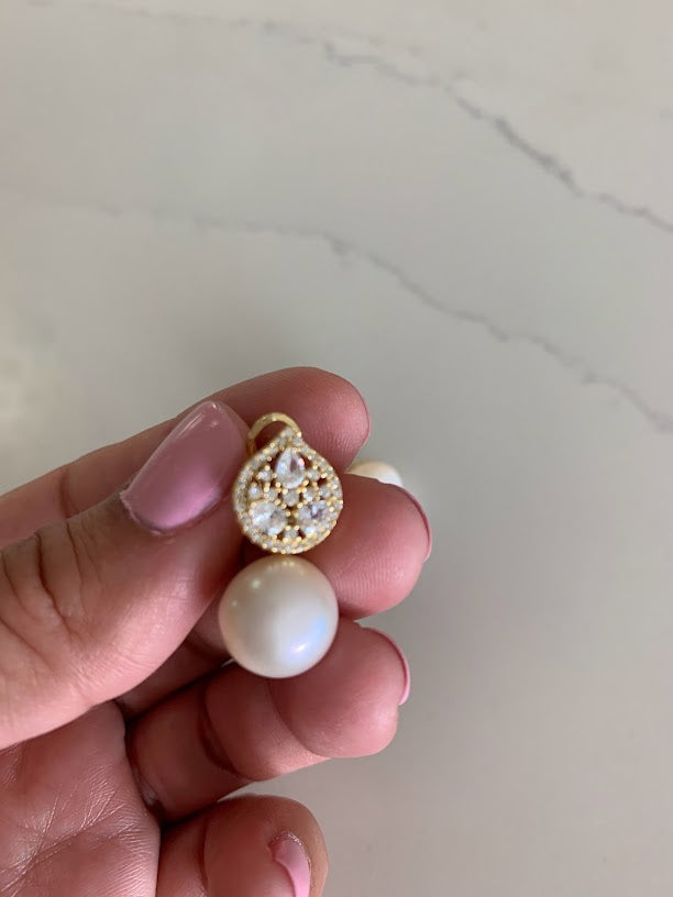 Round Large Pearls on Oval Baguette and CZ | Baguette Earrings | Gold & Silver Bridal Earrings | Bridesmaid Wedding Gifts for Her