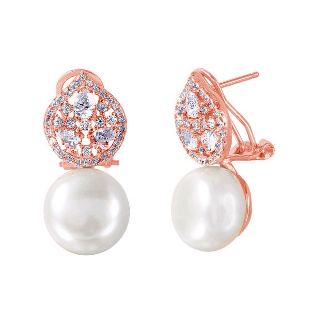 Round Large Pearls on Oval Baguette and CZ | Baguette Earrings | Gold & Silver Bridal Earrings | Bridesmaid Wedding Gifts for Her