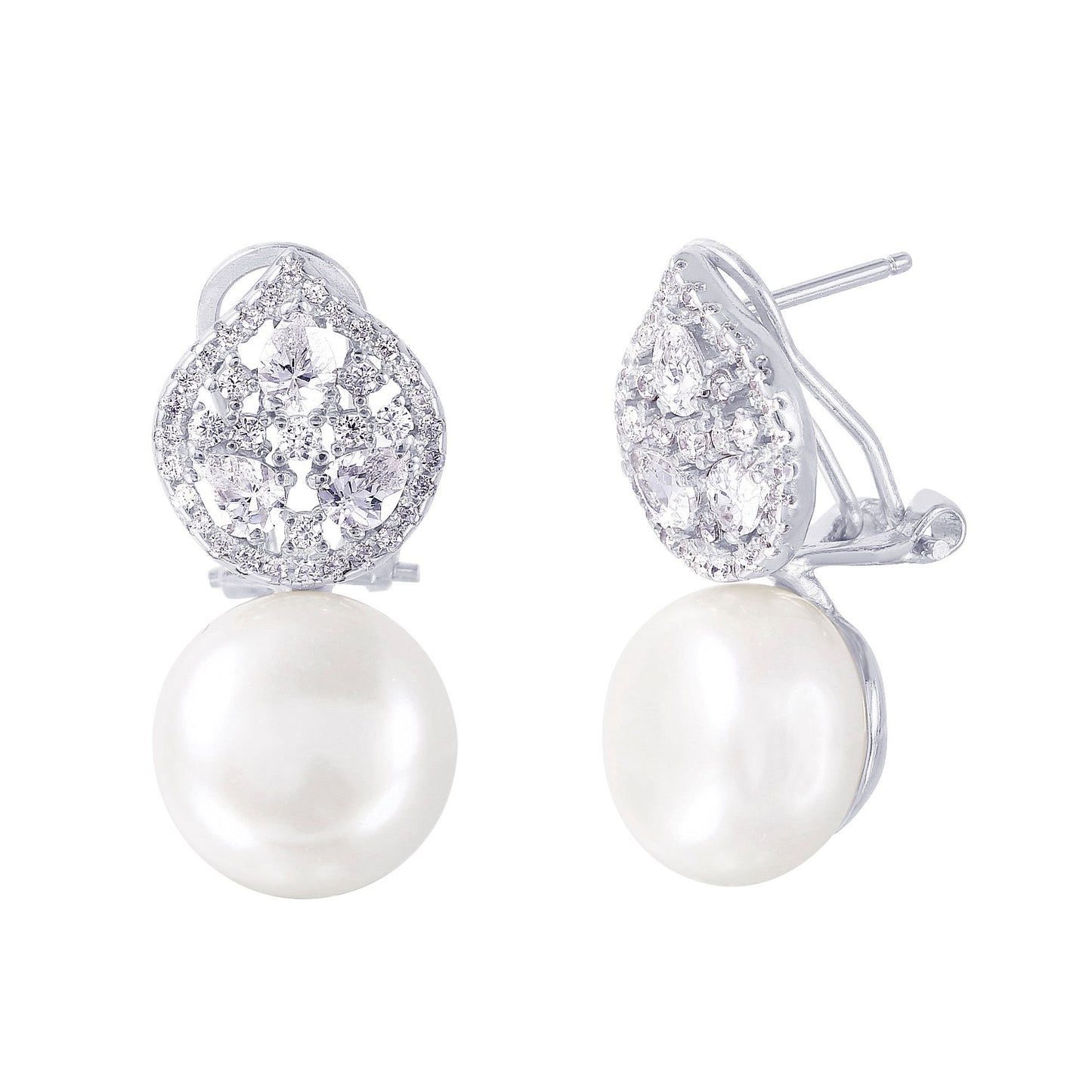 Round Large Pearls on Oval Baguette and CZ | Baguette Earrings | Gold & Silver Bridal Earrings | Bridesmaid Wedding Gifts for Her