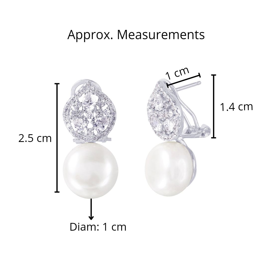 Round Large Pearls on Oval Baguette and CZ | Baguette Earrings | Gold & Silver Bridal Earrings | Bridesmaid Wedding Gifts for Her