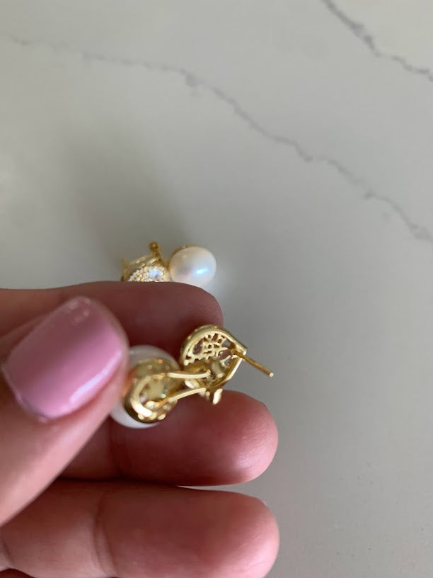Round Large Pearls on Oval Baguette and CZ | Baguette Earrings | Gold & Silver Bridal Earrings | Bridesmaid Wedding Gifts for Her