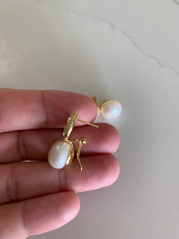 Round Large Pearls on Oval Baguette and CZ | Baguette Earrings | Gold & Silver Bridal Earrings | Bridesmaid Wedding Gifts for Her