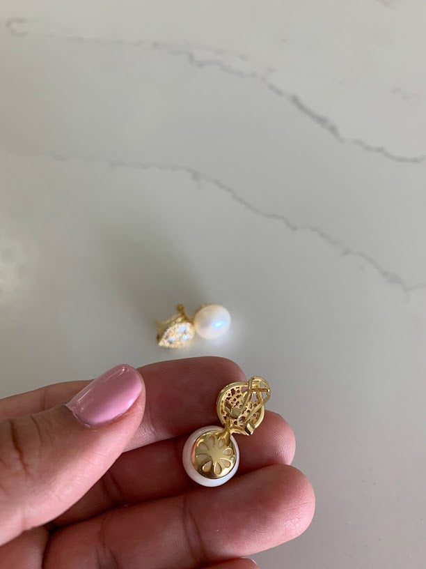 Round Large Pearls on Oval Baguette and CZ | Baguette Earrings | Gold & Silver Bridal Earrings | Bridesmaid Wedding Gifts for Her