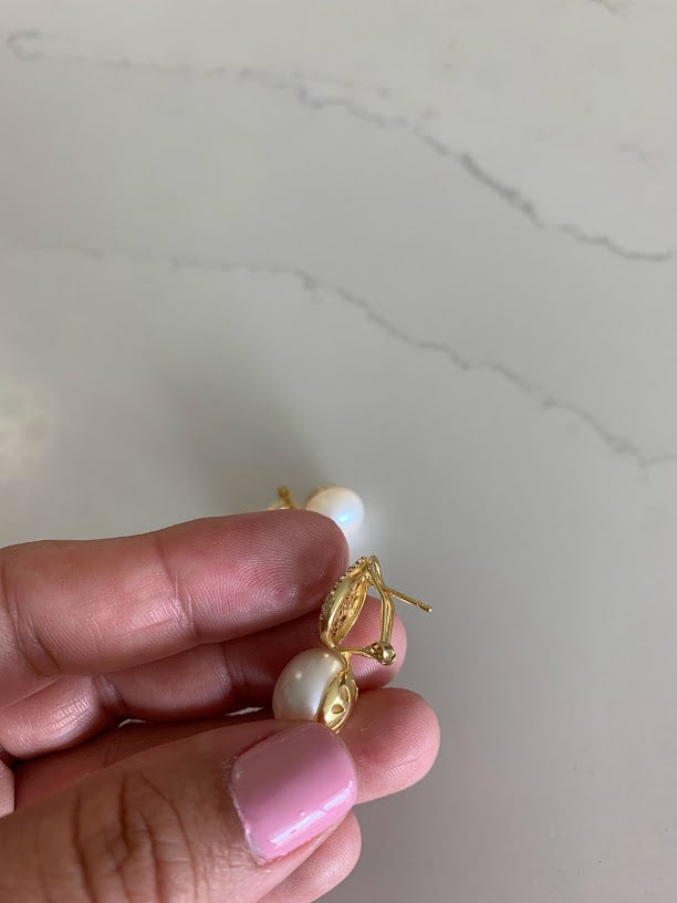Round Large Pearls on Oval Baguette and CZ | Baguette Earrings | Gold & Silver Bridal Earrings | Bridesmaid Wedding Gifts for Her
